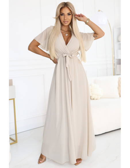  545-3 Long dress with pleated neckline and tie - beige 