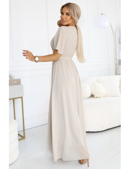  545-3 Long dress with pleated neckline and tie - beige 