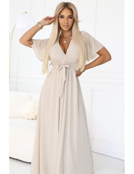  545-3 Long dress with pleated neckline and tie - beige 