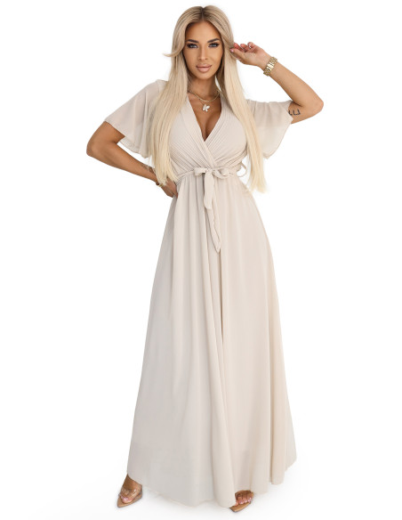  545-3 Long dress with pleated neckline and tie - beige 