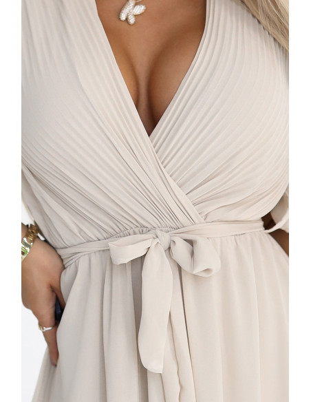  545-3 Long dress with pleated neckline and tie - beige 