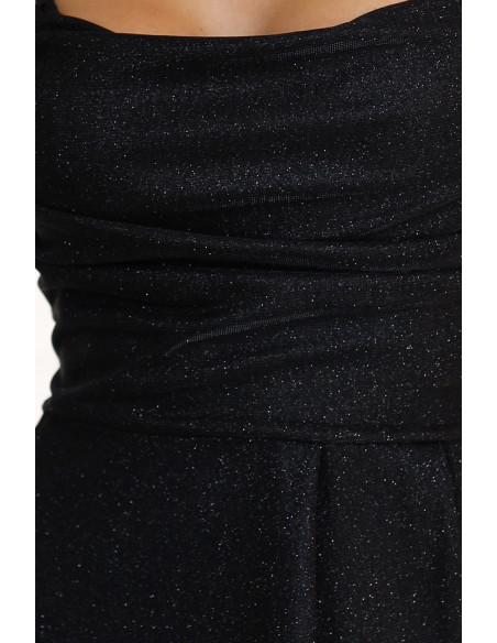  589-1 Long dress with subtle shine and corset lacing at the back - black with glitter 