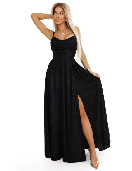  589-1 Long dress with subtle shine and corset lacing at the back - black with glitter 