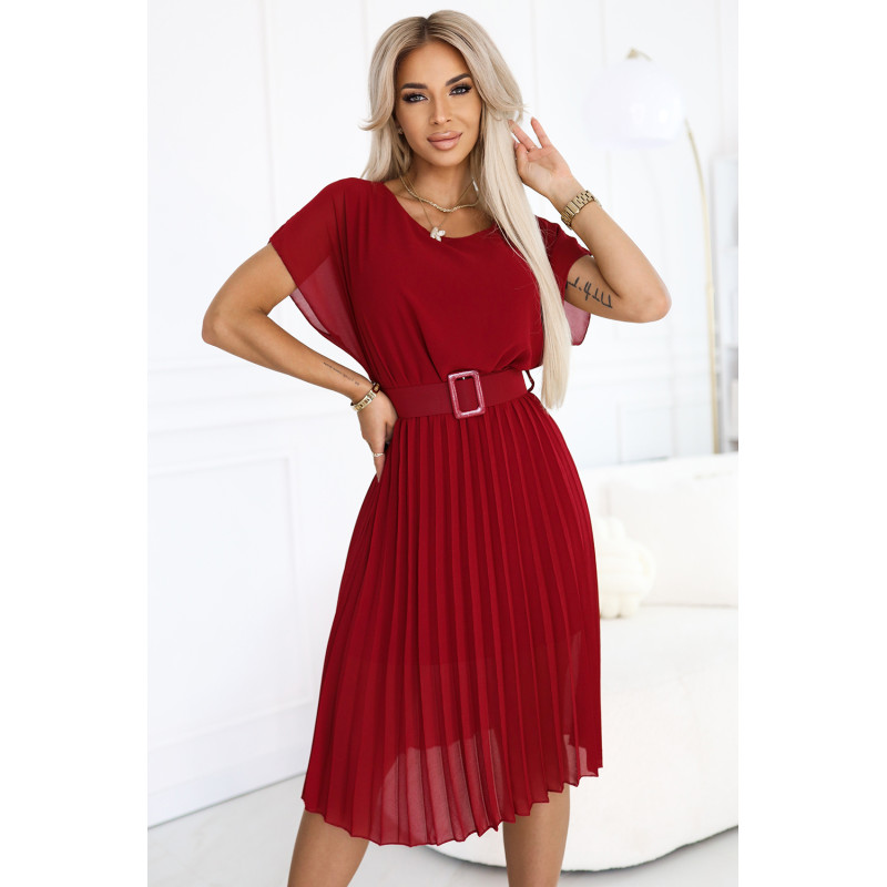  465-5 MIA Pleated Chiffon Midi Dress with Wide Belt - Burgundy 