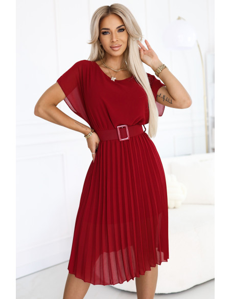  465-5 MIA Pleated Chiffon Midi Dress with Wide Belt - Burgundy 