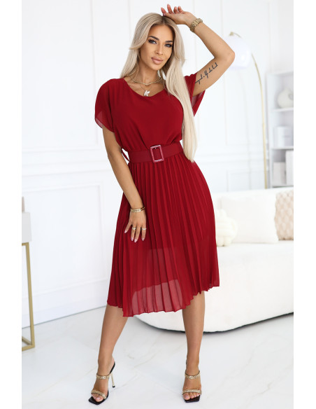  465-5 MIA Pleated Chiffon Midi Dress with Wide Belt - Burgundy 