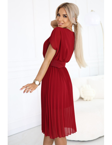  465-5 MIA Pleated Chiffon Midi Dress with Wide Belt - Burgundy 