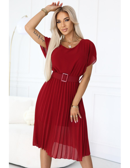  465-5 MIA Pleated Chiffon Midi Dress with Wide Belt - Burgundy 