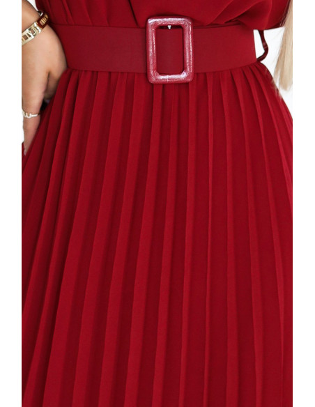  465-5 MIA Pleated Chiffon Midi Dress with Wide Belt - Burgundy 