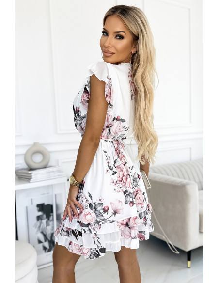 468-1 PATRIZIA dress with an envelope neckline, belt and short sleeves - white with roses   468-1 PATRIZIA dress with an envelope neckline, belt and short sleeves - white with roses