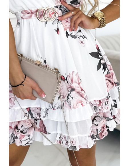 468-1 PATRIZIA dress with an envelope neckline, belt and short sleeves - white with roses   468-1 PATRIZIA dress with an envelope neckline, belt and short sleeves - white with roses