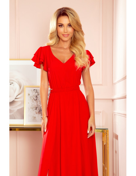 310-2 LIDIA long dress with neckline and frills - red   310-2 LIDIA long dress with neckline and frills - red