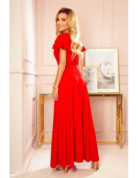310-2 LIDIA long dress with neckline and frills - red   310-2 LIDIA long dress with neckline and frills - red
