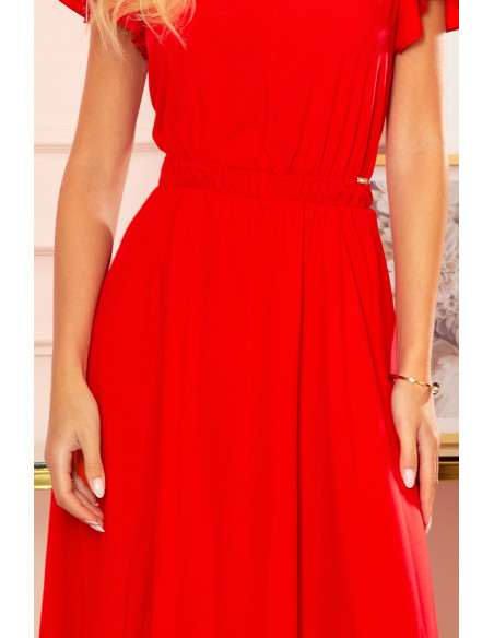 310-2 LIDIA long dress with neckline and frills - red   310-2 LIDIA long dress with neckline and frills - red