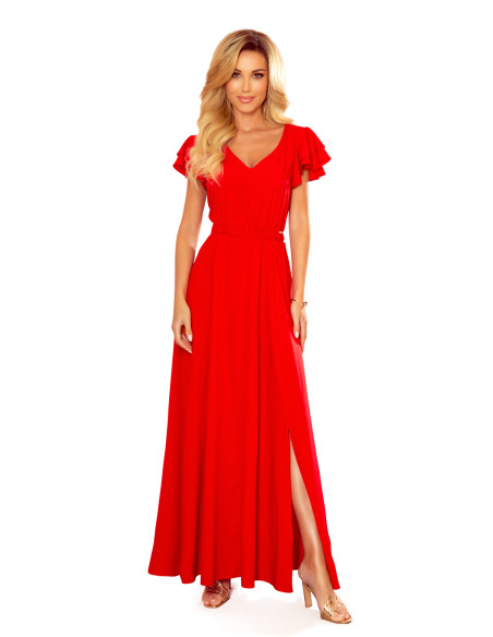 310-2 LIDIA long dress with neckline and frills - red   310-2 LIDIA long dress with neckline and frills - red