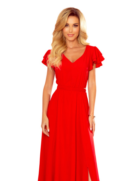 310-2 LIDIA long dress with neckline and frills - red   310-2 LIDIA long dress with neckline and frills - red