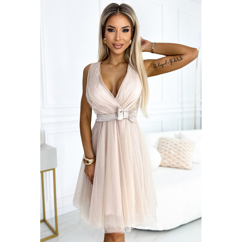  523-3 Tulle dress with a neckline and bow - beige 