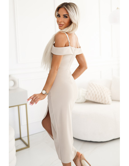 564-5 CALLIE Off-the-shoulder midi dress with neckline - light beige   564-5 CALLIE Off-the-shoulder midi dress with neckline - light beige
