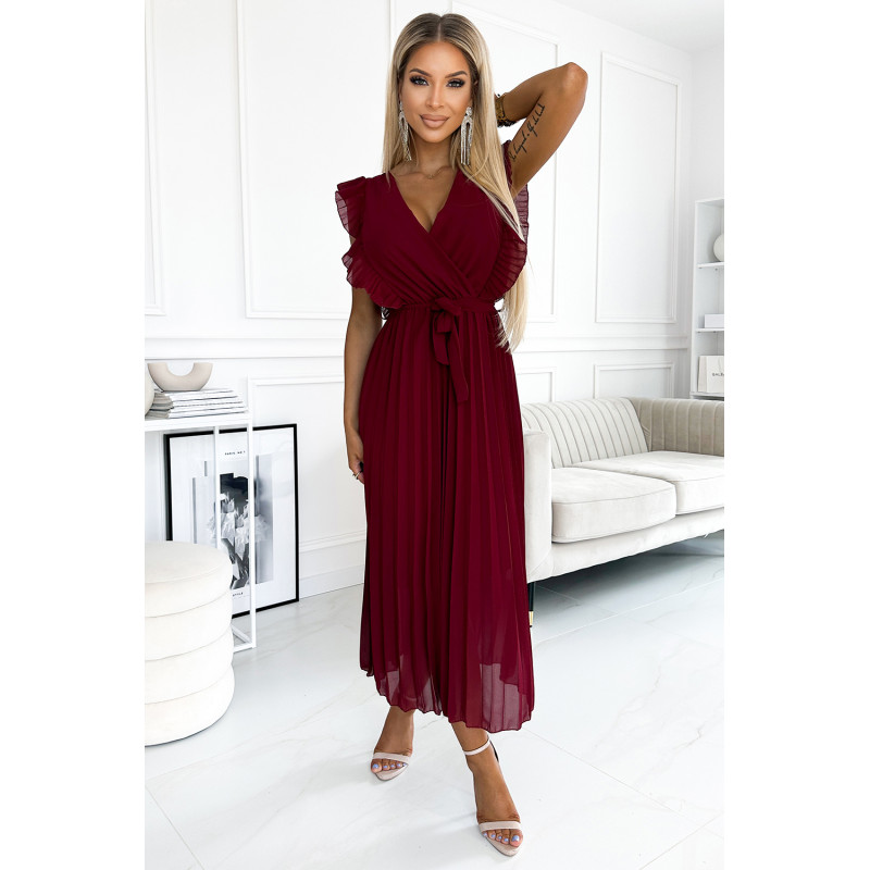 469-1 Pleated dress with frills, neckline and belt - burgundy  2