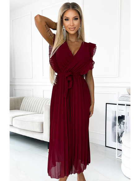 469-1 Pleated dress with frills, neckline and belt - burgundy   469-1 Pleated dress with frills, neckline and belt - burgundy