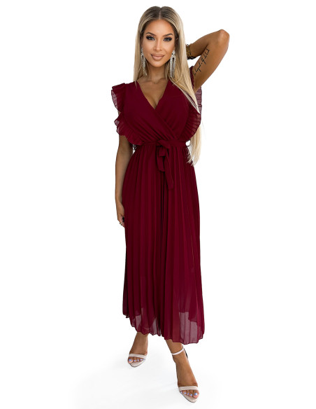 469-1 Pleated dress with frills, neckline and belt - burgundy   469-1 Pleated dress with frills, neckline and belt - burgundy