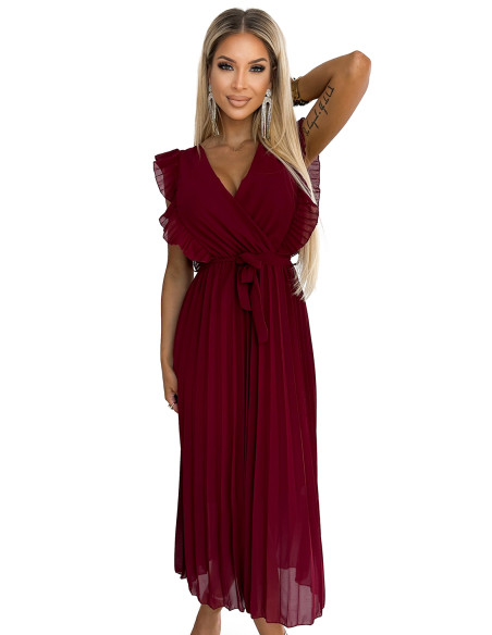 469-1 Pleated dress with frills, neckline and belt - burgundy   469-1 Pleated dress with frills, neckline and belt - burgundy
