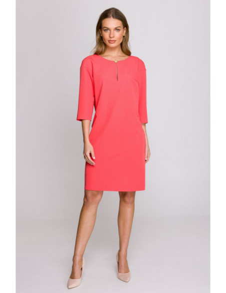 S394 Laisvo kirpimo suknelė su ašaros formos iškirpte - koralų spalvos