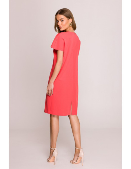 S392 Laisvai krentanti suknelė su V formos iškirpte - koralinė