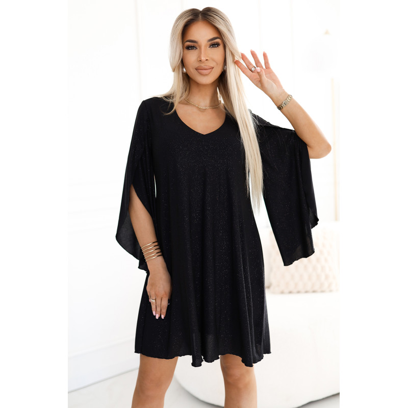 597-1 LIVIA Elegant trapeze dress with butterfly sleeves - black with glitter