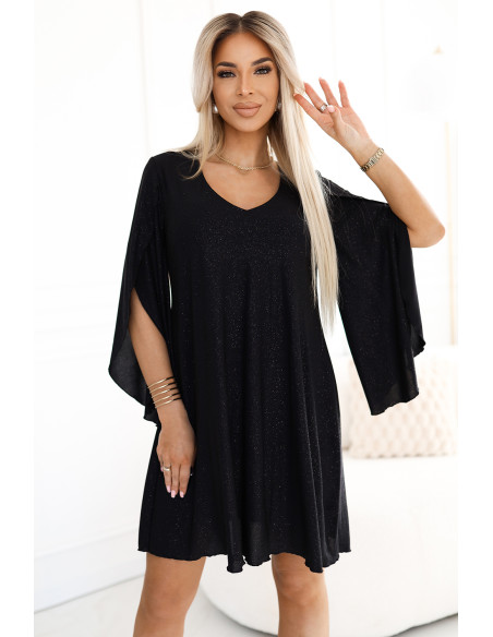 597-1 LIVIA Elegant trapeze dress with butterfly sleeves - black with glitter   597-1 LIVIA Elegant trapeze dress with butterfly sleeves - black with glitter