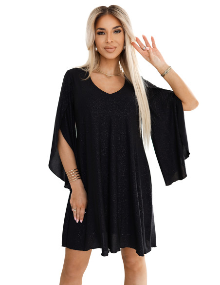 597-1 LIVIA Elegant trapeze dress with butterfly sleeves - black with glitter   597-1 LIVIA Elegant trapeze dress with butterfly sleeves - black with glitter