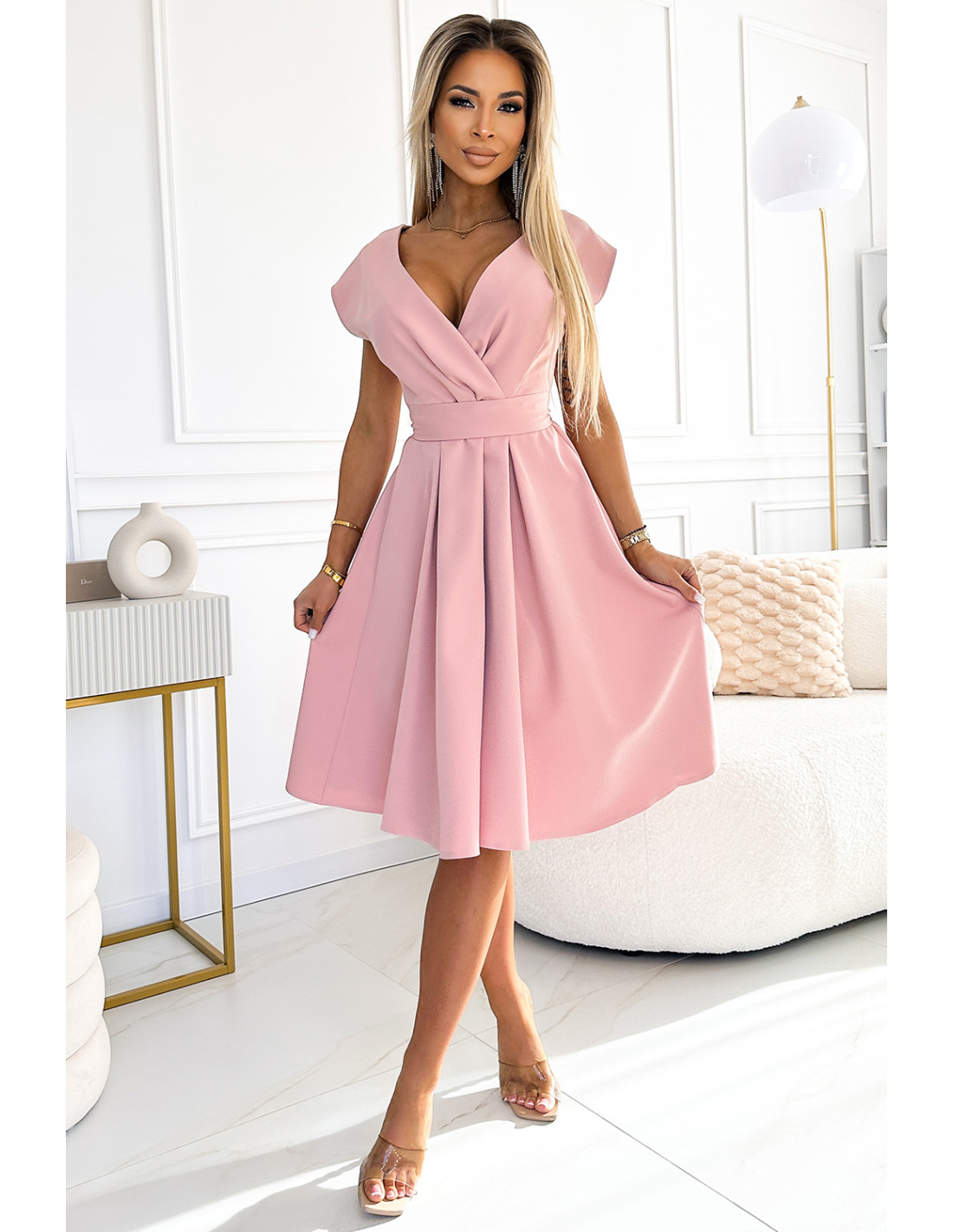 348-9 SCARLETT flared dress with a neckline - powder pink