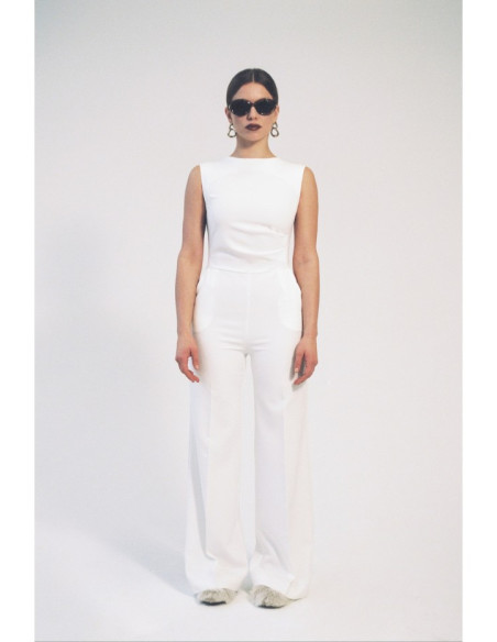 S115 Kombinezonas plačiomis kelnėmis - ecru spalvos