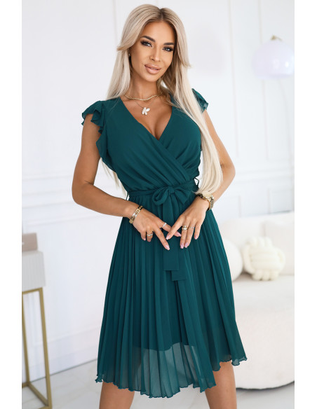  374-8 POLINA Plisuota suknelė su iškirpte ir raukiniais - žalia 