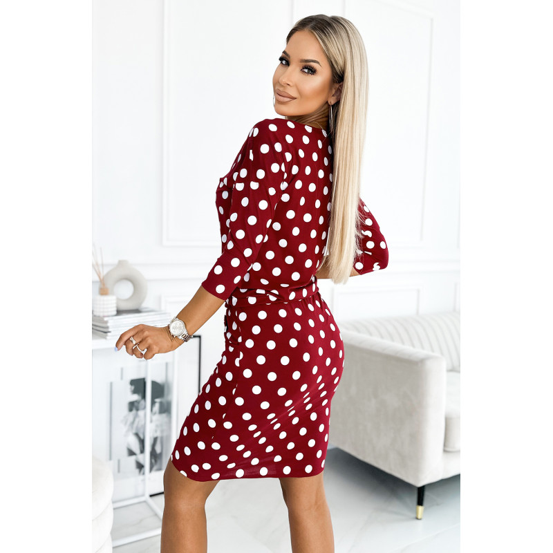 13-164 Sportinė suknelė su raišteliu ir kišenėmis - bordo spalvos + taškeliai  2