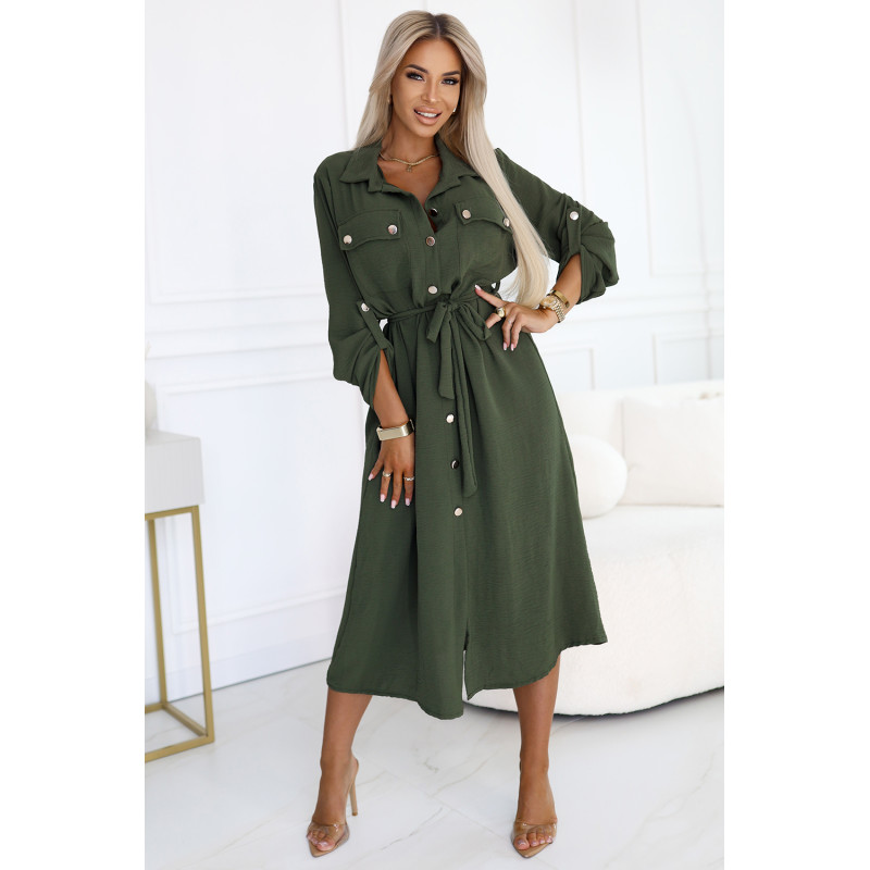 531-5 Midi marškinių suknelė su auksinėmis sagomis ir kaklaraiščiu - KHAKI  2