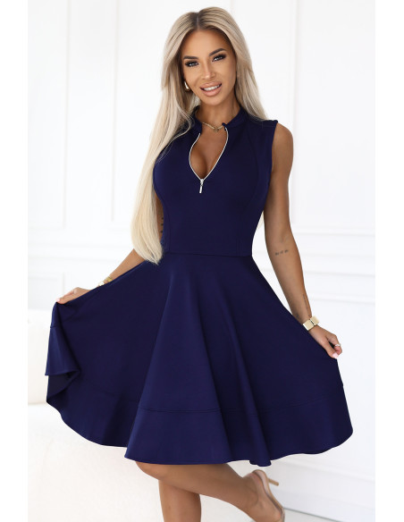 573-2 Išskirtinė suknelė su platėjančia apačia ir auksiniu užtrauktuku - tamsiai mėlyna   573-2 Išskirtinė suknelė su platėjančia apačia ir auksiniu užtrauktuku - tamsiai mėlyna