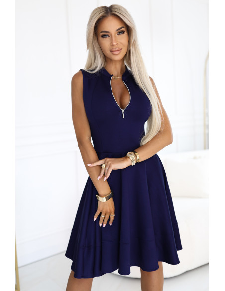 573-2 Išskirtinė suknelė su platėjančia apačia ir auksiniu užtrauktuku - tamsiai mėlyna   573-2 Išskirtinė suknelė su platėjančia apačia ir auksiniu užtrauktuku - tamsiai mėlyna