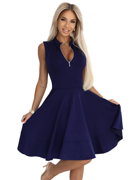 573-2 Išskirtinė suknelė su platėjančia apačia ir auksiniu užtrauktuku - tamsiai mėlyna   573-2 Išskirtinė suknelė su platėjančia apačia ir auksiniu užtrauktuku - tamsiai mėlyna