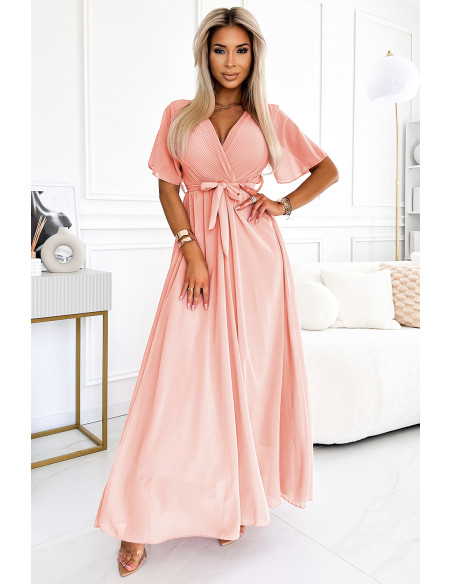 545-4 Ilga suknelė su klostuota iškirpte ir kaklaraiščiu - persikų spalvos   545-4 Ilga suknelė su klostuota iškirpte ir kaklaraiščiu - persikų spalvos