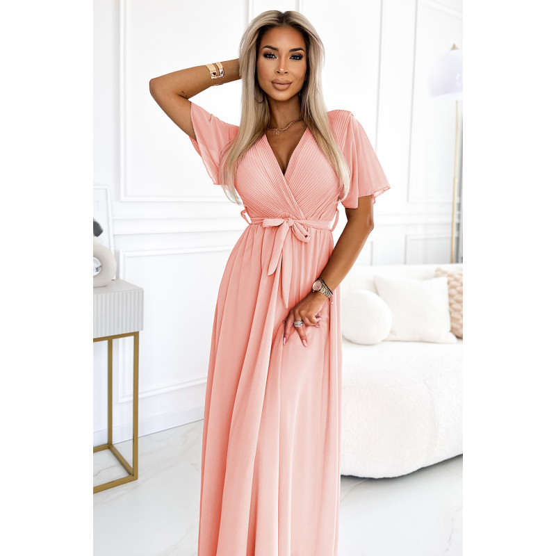  545-4 Ilga suknelė su klostuota iškirpte ir kaklaraiščiu - persikų spalvos  2