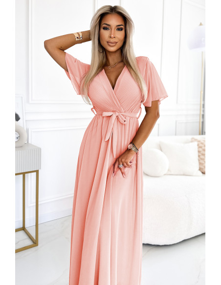 545-4 Ilga suknelė su klostuota iškirpte ir kaklaraiščiu - persikų spalvos   545-4 Ilga suknelė su klostuota iškirpte ir kaklaraiščiu - persikų spalvos