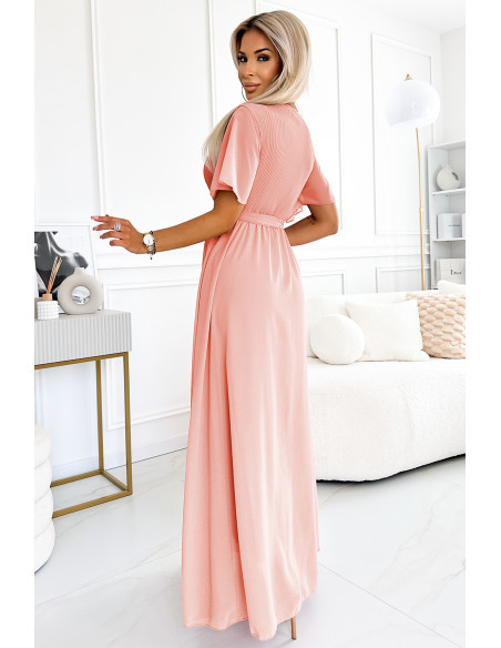 545-4 Ilga suknelė su klostuota iškirpte ir kaklaraiščiu - persikų spalvos   545-4 Ilga suknelė su klostuota iškirpte ir kaklaraiščiu - persikų spalvos