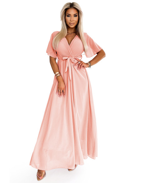 545-4 Ilga suknelė su klostuota iškirpte ir kaklaraiščiu - persikų spalvos   545-4 Ilga suknelė su klostuota iškirpte ir kaklaraiščiu - persikų spalvos