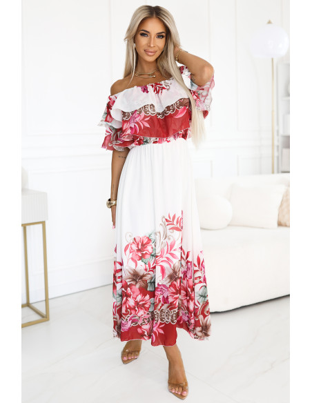 606-1 Ilga vasarinė suknelė su ispanišku raštu - gėlių raudonas ombre raštas   606-1 Ilga vasarinė suknelė su ispanišku raštu - gėlių raudonas ombre raštas