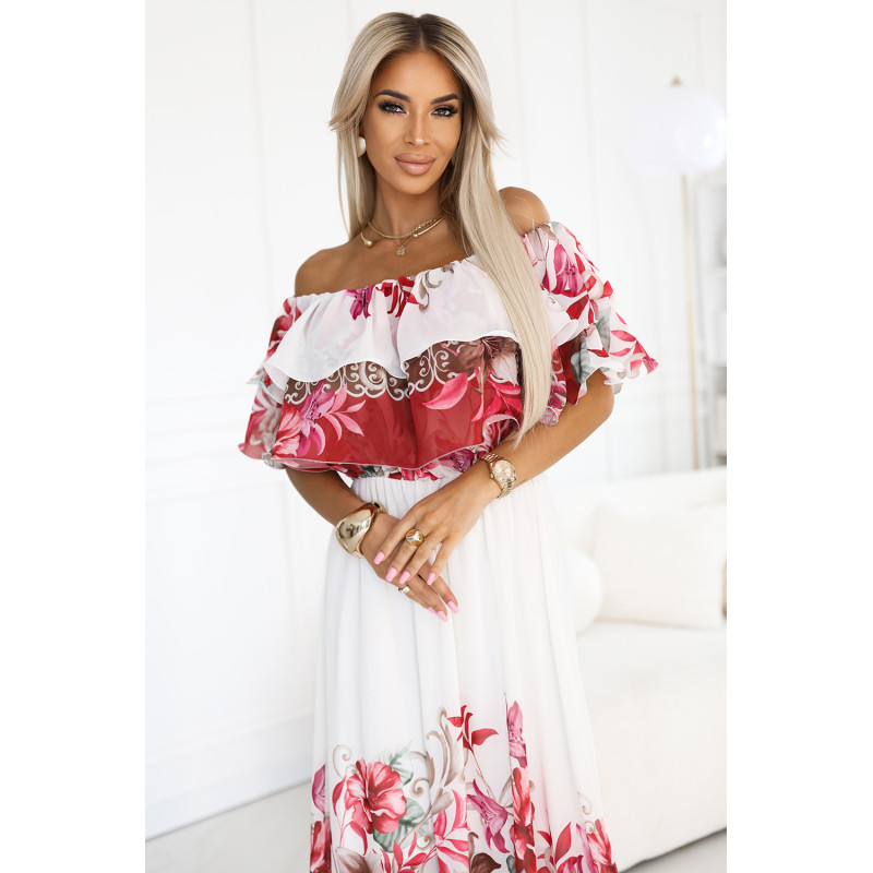 606-1 Ilga vasarinė suknelė su ispanišku raštu - gėlių raudonas ombre raštas  2