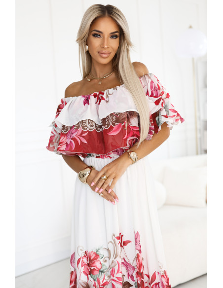 606-1 Ilga vasarinė suknelė su ispanišku raštu - gėlių raudonas ombre raštas   606-1 Ilga vasarinė suknelė su ispanišku raštu - gėlių raudonas ombre raštas