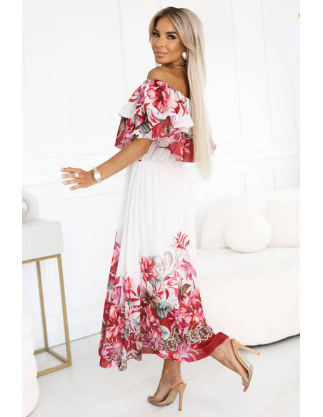 606-1 Ilga vasarinė suknelė su ispanišku raštu - gėlių raudonas ombre raštas   606-1 Ilga vasarinė suknelė su ispanišku raštu - gėlių raudonas ombre raštas