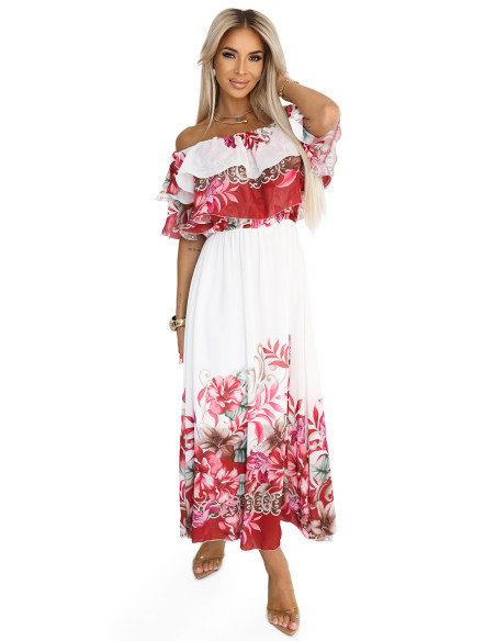 606-1 Ilga vasarinė suknelė su ispanišku raštu - gėlių raudonas ombre raštas   606-1 Ilga vasarinė suknelė su ispanišku raštu - gėlių raudonas ombre raštas