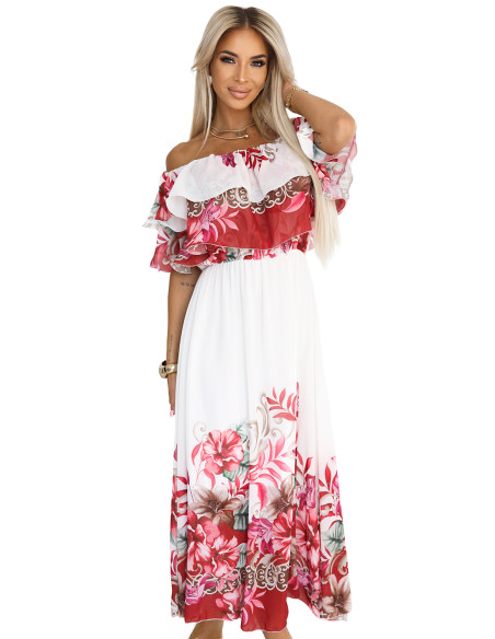 606-1 Ilga vasarinė suknelė su ispanišku raštu - gėlių raudonas ombre raštas   606-1 Ilga vasarinė suknelė su ispanišku raštu - gėlių raudonas ombre raštas